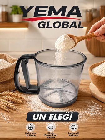 YEMA GLOBAL Un Eleği Otomatik Basmalı Saplı İnce Gözenekli Pratik Un Eleme Süzgeci Mutfak ve Pastacılık Eleği