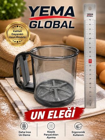 YEMA GLOBAL Un Eleği Otomatik Basmalı Saplı İnce Gözenekli Pratik Un Eleme Süzgeci Mutfak ve Pastacılık Eleği
