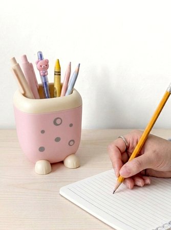 Sevimli Kedi Figürlü Masaüstü Kalemlik Dekoratif Kalem Düzenleyici Organizer - Pembe