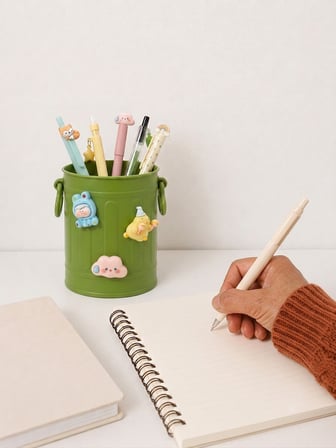 Sevimli Stickerlı Masaüstü Kalemlik Organizer - Yeşil