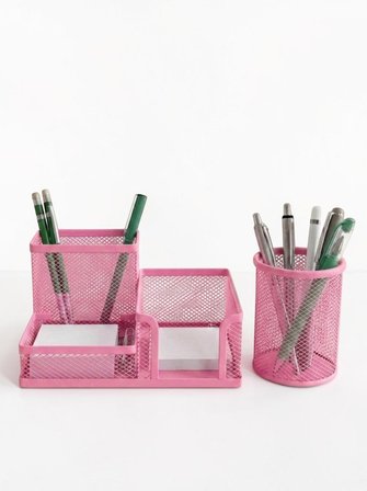 Metal Fileli Masaüstü Kalemlik ve Notluk Seti Çok Bölmeli Ofis Düzenleyici - Pembe