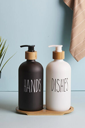 Dekorasyaa 2li Siyah Beyaz Cam Sıvı Sabunluk 500ml - Bambu Stantlı