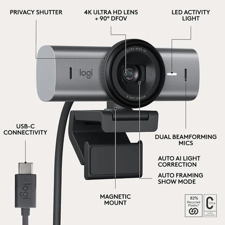 logi̇tech mx brio 705 for business usb-c 4k ultra hd webcam koyu gri (960-001532)