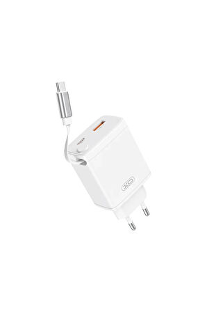30W Çift Portlu Hızlı Şarj Adaptörü CE31,Dahili USB-C Kablo,USB-A & USB-C Portları,Çekilebilir USB-C
