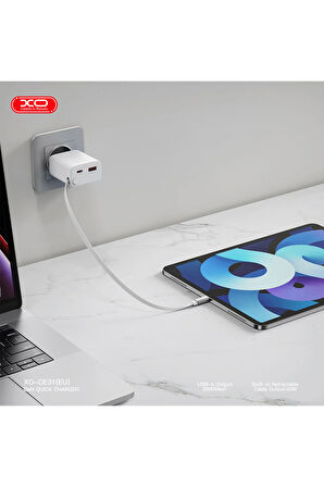 30W Çift Portlu Hızlı Şarj Adaptörü CE31,Dahili USB-C Kablo,USB-A & USB-C Portları,Çekilebilir USB-C