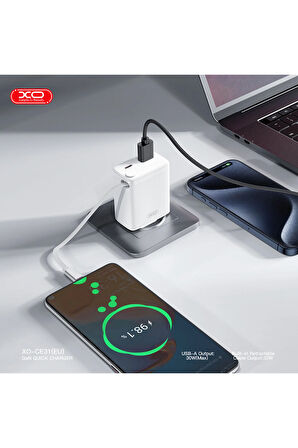 30W Çift Portlu Hızlı Şarj Adaptörü CE31,Dahili USB-C Kablo,USB-A & USB-C Portları,Çekilebilir USB-C