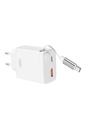 30W Çift Portlu Hızlı Şarj Adaptörü CE31,Dahili USB-C Kablo,USB-A & USB-C Portları,Çekilebilir USB-C