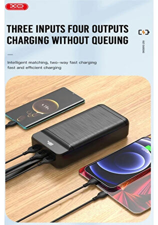 XO Yüksek Kapasiteli Hızlı Şarj PowerBank, Kamp, Doğal Afet, Uzun Yolculuk, 22.5W Hızlı Şarj, LED Gösterge, LED Işık, Güvenli Şarj, 3 USB, 1 Type-C,1 Lightning, 1 Micro Usb Giriş (30000mAh PR156)