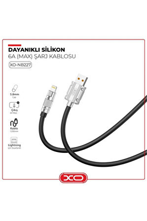 -NB227 IP Siyah USB Lightning 6A Apple Iphone Ipad Silikon Şarj Kablosu