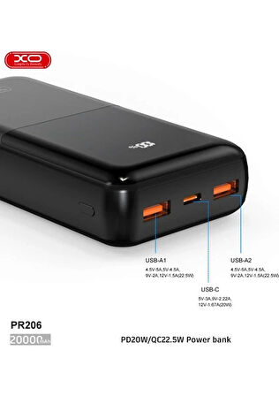 Xo XO-PR206 Siyah 20.000 Mah Dijital Göstergeli 20W Taşınabilir Şarj Aleti Powerbank
