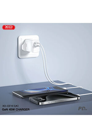 CE16 Çoklu Hızlı Şarj Adaptörü,GaN,2 Cihaza Kadar Şarj,1 Type-C 1 Usb-A,45W Max Power,Akım Korumalı