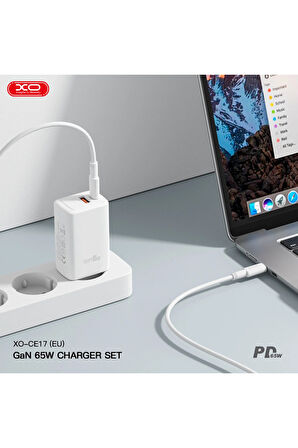 CE17 Çoklu Hızlı Şarj Adaptörü,GaN,2 Cihaza Kadar Şarj,1 Type-C 1 Usb-A,65W Max Power,Akım Korumalı