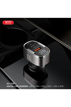 100W Araç Hızlı Şarj Adaptörü CC61,Dijital Ekran|Hızlı Şarj,1x USB-C,1x USB-A,1x Lightning