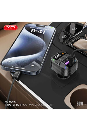 BCC17 Araç BluetoothV5.3 MP3 Ve Şarj Cihazı,Lightning Örgü Kablo,30WPD Hızlı Şarj,FM Verici,MP3/WAV