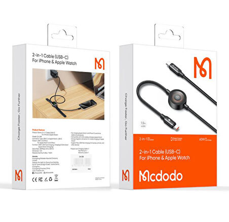 MCDODO CA-2580 60W 1 TYPE-C VE 1 WATCH KABLOSUZ ŞARJ KABLOSU- SİYAH