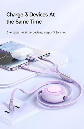 Mcdodo 3in1 Makaralı Lightning+Micro+Type-C Şarj ve Data Kablosu Mor 1.2M