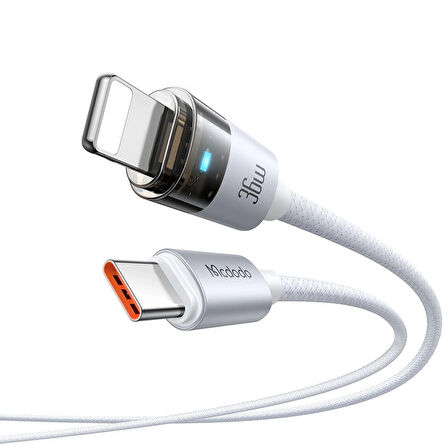 MCDODO CA-6942 TYPE-C LIGHTNİNG 36W ŞEFFAF KABLO ŞARJ IŞIĞI İLE BEYAZ