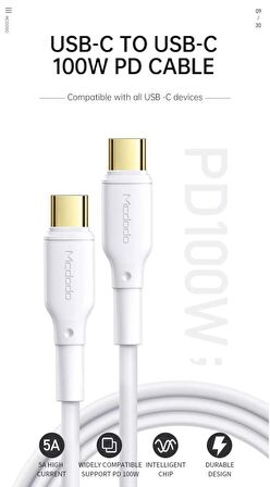 Mcdodo 100W TypeC TypeC Macbook Hızlı Şarj Kablosu 5A CA-8350 Beyaz