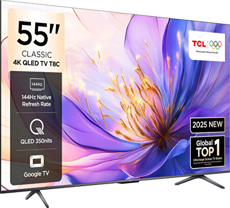 TCL 55T8C 55” QLED 4K Google TV – 144Hz, Dolby Vision IQ, HDR10+, FreeSync Premium Pro