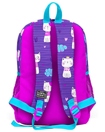 Coral High Kids Mor Pembe Kedi Desenli Dört Bölmeli USBli Okul Sırt Çantası 23264