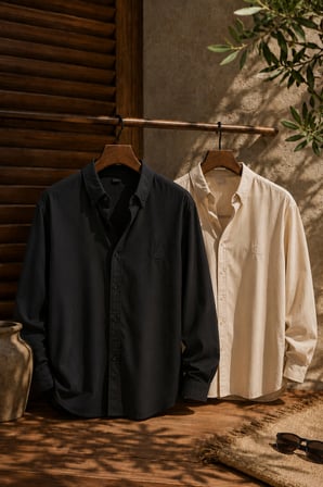 Erkek Minimal Baskılı Oversize Dokulu Gömlek 2'li Set Siyah-Bej