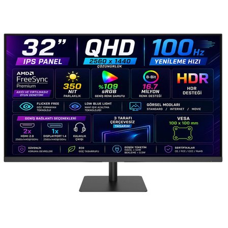 KTC H32T13 32” 5ms 100 Hz (HDMI+DisplayPort) AMD FreeSync 2K QHD (2560x1440) IPS Panel Monitör