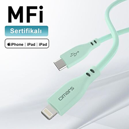 Omars USB-C to MFI Lightning iPhone Silikon PD Hızlı Şarj Kablosu Yeşil