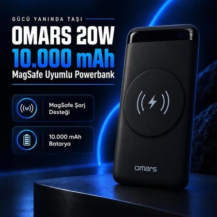Omars 20W 10000mAh Kablosuz Şarj Powerbank LED Göstergeli USB Type-C ve Magsafe Uyumlu