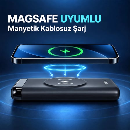 Omars 20W 10000mAh Kablosuz Şarj Powerbank LED Göstergeli USB Type-C ve Magsafe Uyumlu