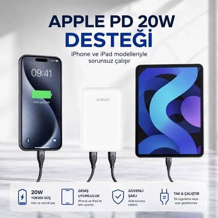 Omars 10000 mAh PD 20W Mini Powerbank Çift Çıkışlı Type-C & USB-A Beyaz