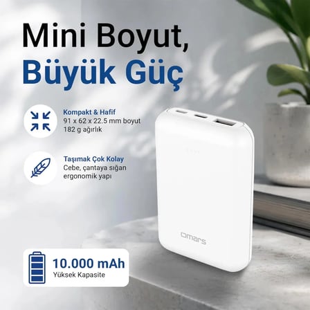 Omars 10000 mAh PD 20W Mini Powerbank Çift Çıkışlı Type-C & USB-A Beyaz