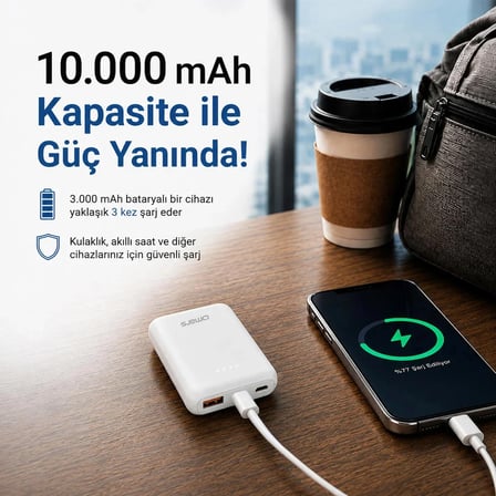 Omars 10000 mAh PD 20W Mini Powerbank Çift Çıkışlı Type-C & USB-A Beyaz