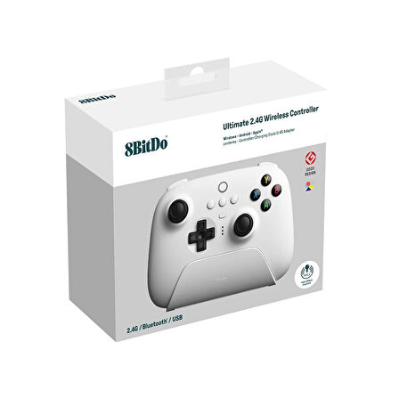 8Bitdo Ultimate Hall Effect 2.4G Controller ve Şarj Dock - Beyaz Windows, Android PC Ipad Uyumlu