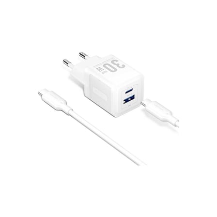 Vention 30W Gan Çift Çıkışlı (1xusb-C 30W + 1xusb-A 30W) Hızlı Şarj Cihazı ve 1m Kablo Seti iPhone Uyumlu Beyaz