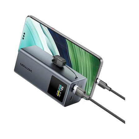 Vention Powerhive Serisi 20000mAh 100W Powerbank TFT Ekranlı 3 Çıkışlı (2xUSB-C + 1xUSB-A) Hızlı Şarj ve Askılı Kablo Tasarımlı - FKC Gri