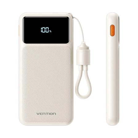Vention 10000mAh 22.5W Powerbank (USB-C + USB-A) Dahili Askı Kablolu LED Ekranlı Beyaz - N16B-1
