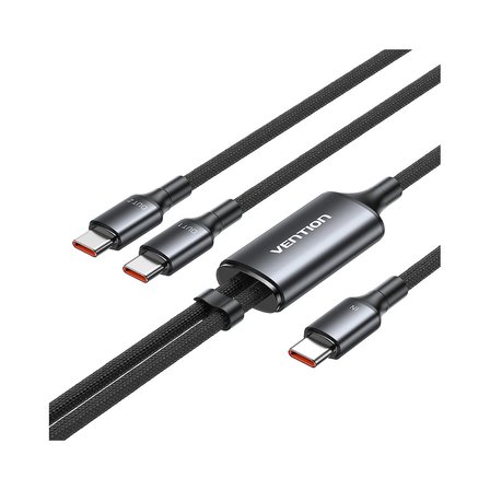 Vention 140W Çift Tip-C Çıkışlı 5A Alüminyum Alaşımlı Örgülü İkili Hızlı Şarj Kablosu 1,3m Siyah - TRU 