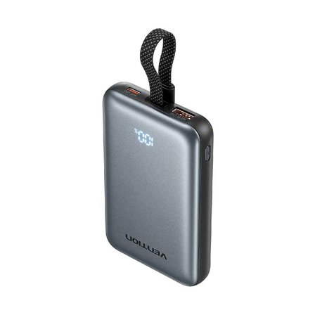 Vention Ultra Slim Serisi 5000mAh Powerbank 15W Manyetik Kablosuz Şarj (2xUSB-C) TFT Ekran Dahili Askı Kablolu Gri - FKK