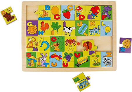 WOODY Ahşap Resimli Alfabe Puzzle Eğitici Ve Zeka Geliştiren Oyuncak