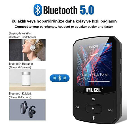 Ruizu X52 MP3 Çalar Bluetooth 5.0 8GB FM Radyo Pedometre Saat