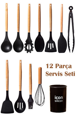 Porsima 713 Slikon Mutfak Servis Seti Isıya Dayanıklı Standlı Spatula Servis Seti 12 Parça Servis Hazırlık Seti