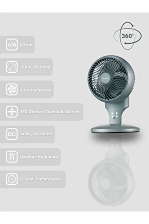 8'' 360 Derece Salınımlı Uzaktan Kumandalı Dokunmatik Ekran 40 cm Zaman Ayarlı Masaüstü Vantilatör