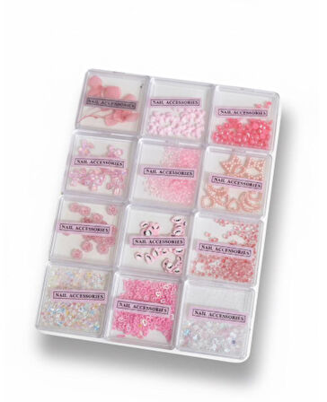 Pembe Nail Art Tırnak Süsleme Seti 12 Bölmeli | Çiçek, Kalp, Ayıcık, İnci ve Pul Tırnak Aksesuarları