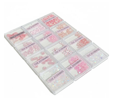 Pembe Nail Art Tırnak Süsleme Seti 12 Bölmeli | Çiçek, Kalp, Ayıcık, İnci ve Pul Tırnak Aksesuarları