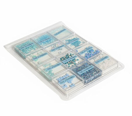 Mavi Nail Art Tırnak Süsleme Seti 12 Bölmeli | Boncuk, Çiçek, Kurdele, Pul ve Parıltı