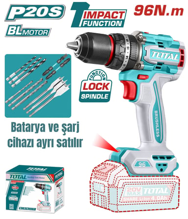 TOTAL LI-ION AKÜLÜ KÖMÜRSÜZ DARBELİ MATKAP 96NM (SOLO) TIDLI209681