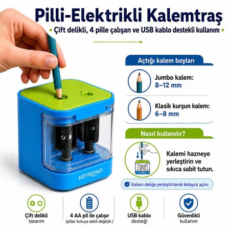 Ofisinn Masaüstü Otomatik Elektrikli Kalemtraş Çift Delikli 4 AA Pil ile Çalışan USB Kablo Destekli Mavi