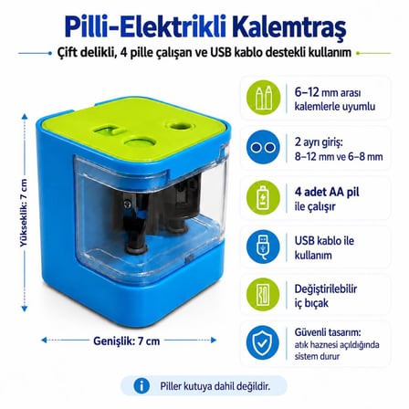 Ofisinn Masaüstü Otomatik Elektrikli Kalemtraş Çift Delikli 4 AA Pil ile Çalışan USB Kablo Destekli Mavi