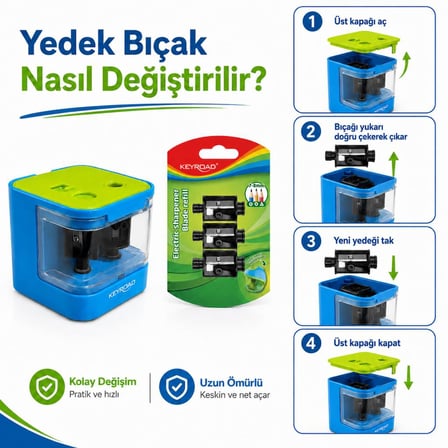 Ofisinn Masaüstü Otomatik Pilli-Elektrikli Kalemtraş Mavi + 3'lü Yedek Bıçak + 4 Adet Pil 
