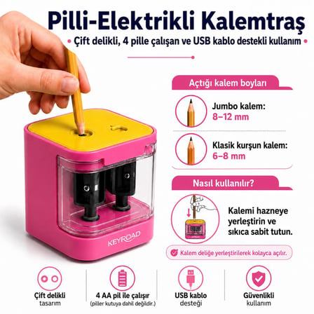 Ofisinn Masaüstü Otomatik Elektrikli Kalemtraş Çift Delikli 4 AA Pil ile Çalışan USB Kablo Destekli Pembe